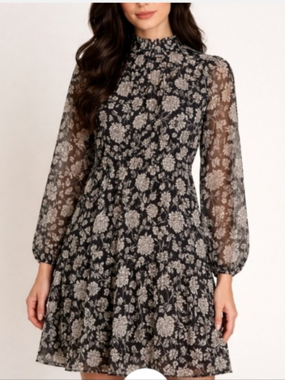 NWT On 34th Black & Ivory Floral Multi Tiered Long Sleeve Swing Dress Large